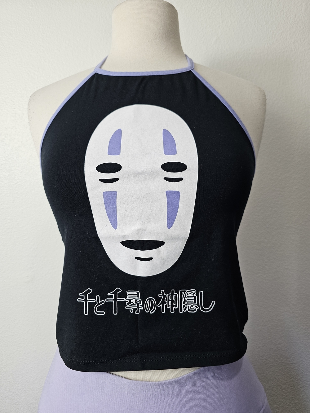 Spirited Away No Face Halter Top in Black with Lilac Trim